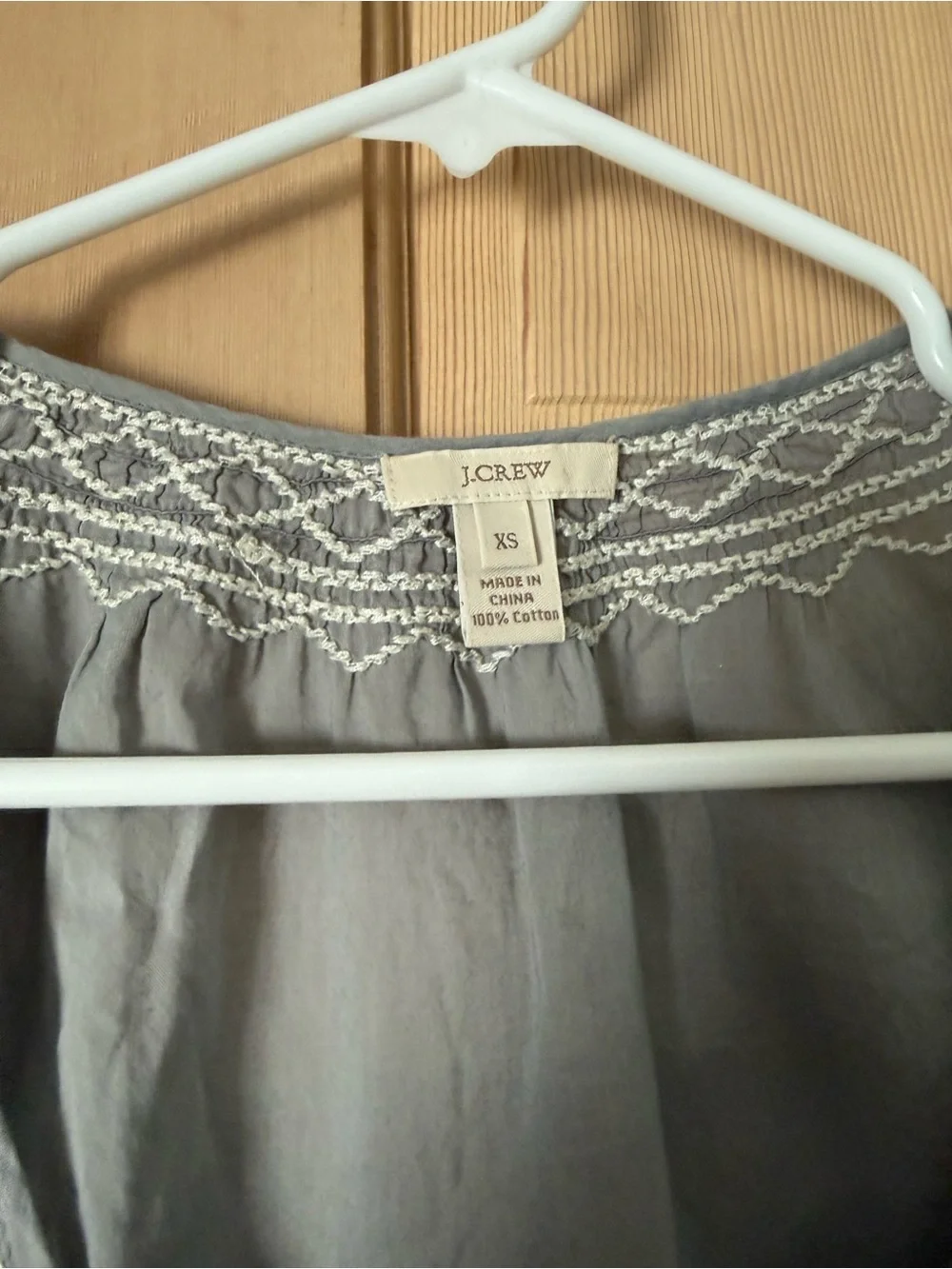 J. Crew Gray Embroidered V-Neck Peasant Top with Ivory Detailing